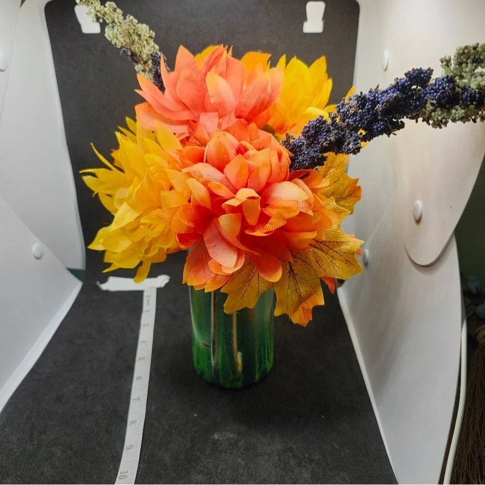 Hand Crafted Floral Table Centerpiece Fall Chrsyanthemum Glass